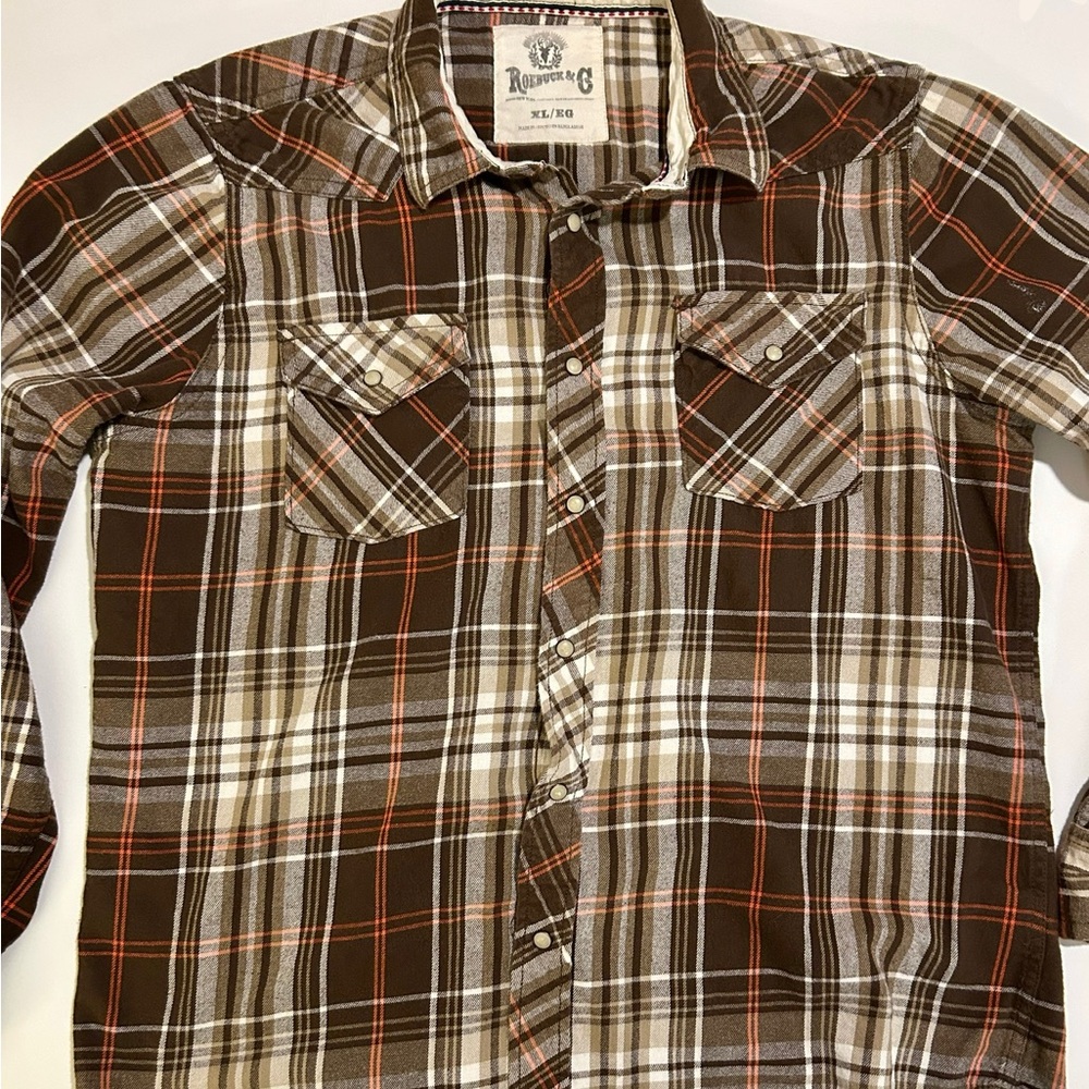 Vintage Roebuck & Co Pearl Snap Plaid Flannel Button-Down Shirt w/ Flaw - Picture 2 of 11